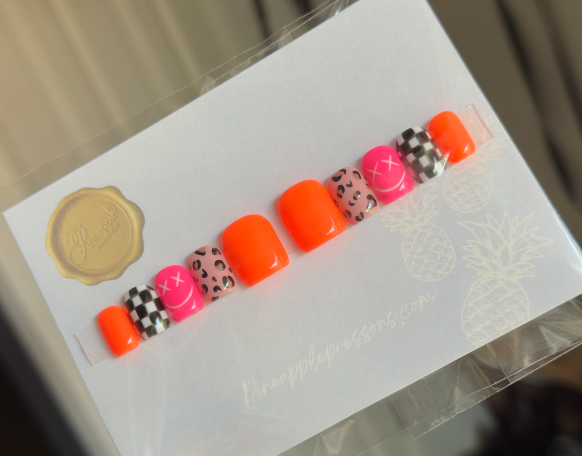 Neon Orange & Pink Press-On Nails | Cheetah Print, Checkerboard & Smiley Face